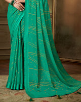Vishal Prints Dark Mint Green Designer Brasso Saree With Weaved Satin Patta And Diamond Work