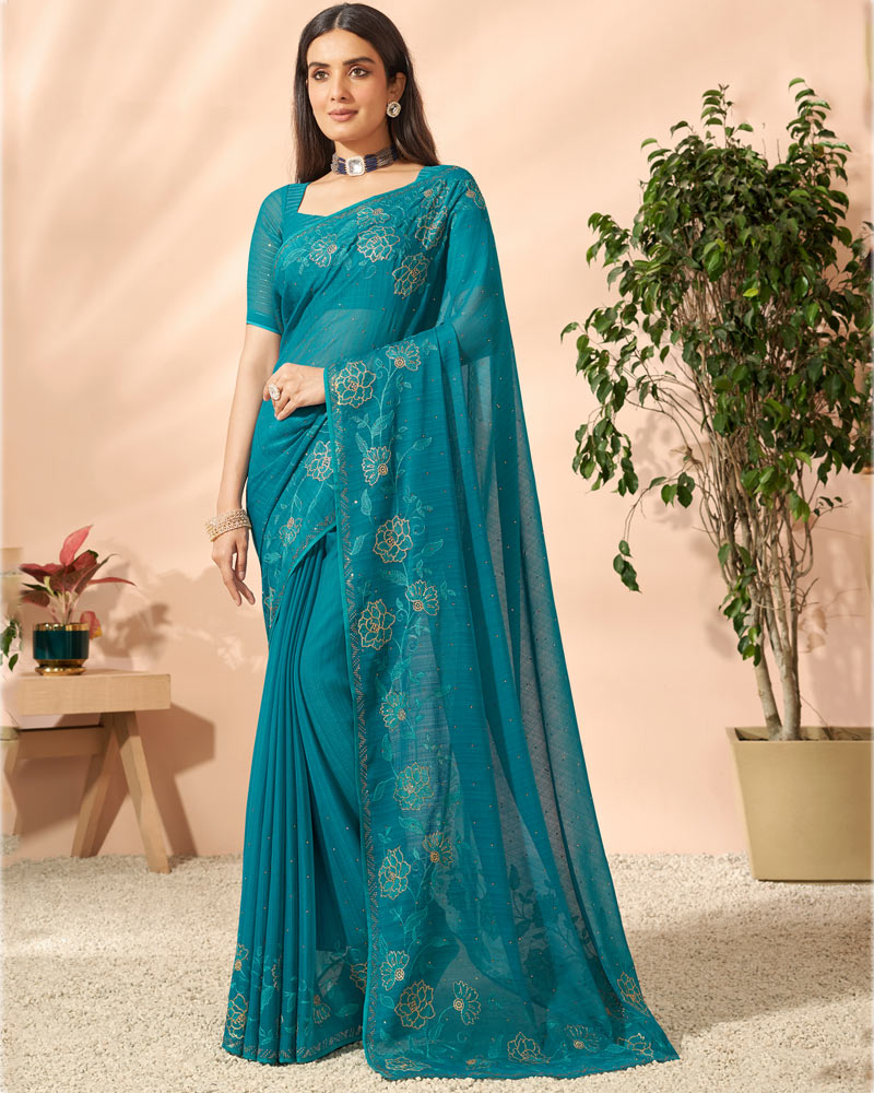 Vishal Prints Dark Teal Blue Designer Chiffon Saree With Embroidery Di