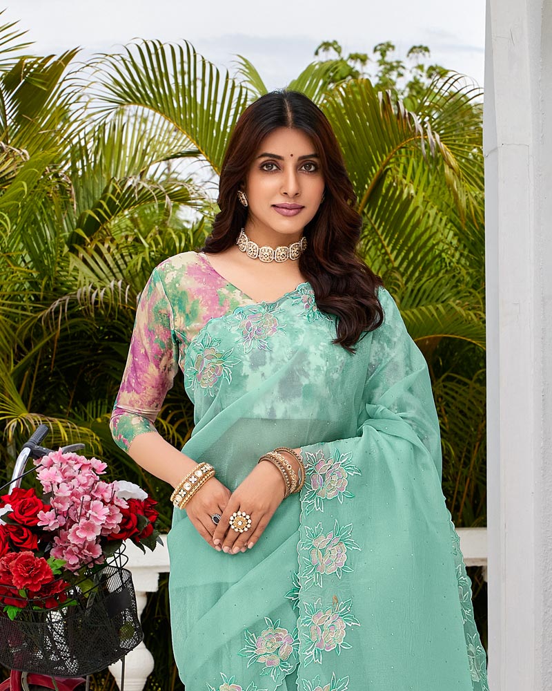 Vishal Prints Summer Green Designer Tissue Organza Saree With Embroidery-Diamond Work And Cut Work Border