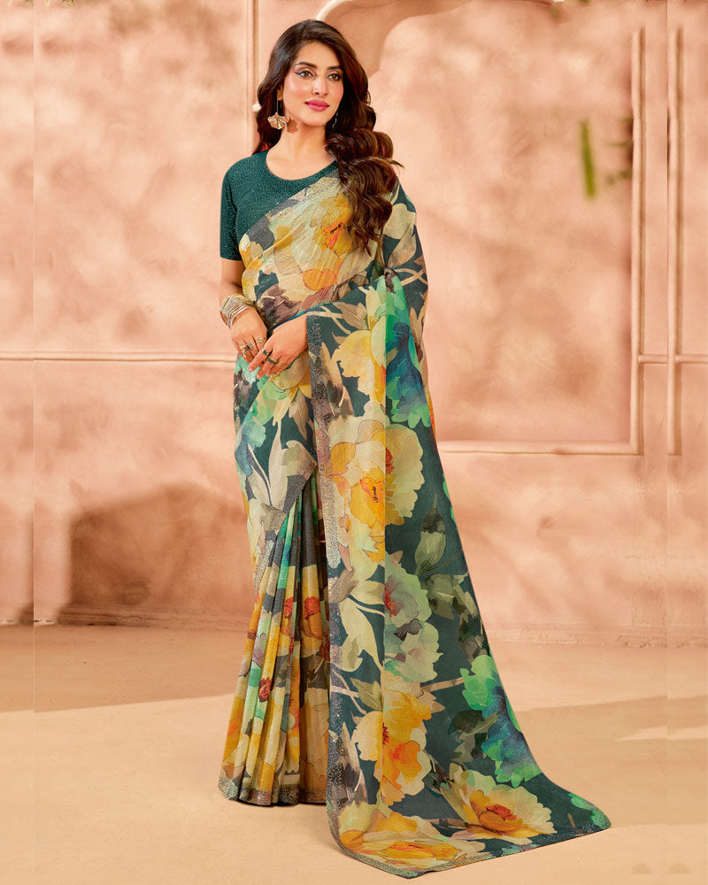 Vishal Prints Light Brown Designer Crushed Tissue Digital Print Saree With Diamond Work And Core Piping
