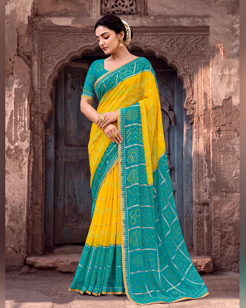 Vishal Prints Persian Green And Dark Yellow Printed Chiffon Traditional Print Saree With Foil Print And Fancy Gota Patti Border