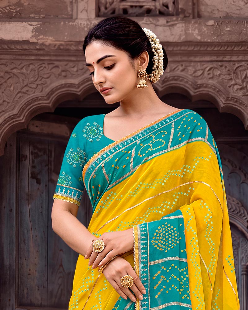 Vishal Prints Persian Green And Dark Yellow Printed Chiffon Traditional Print Saree With Foil Print And Fancy Gota Patti Border