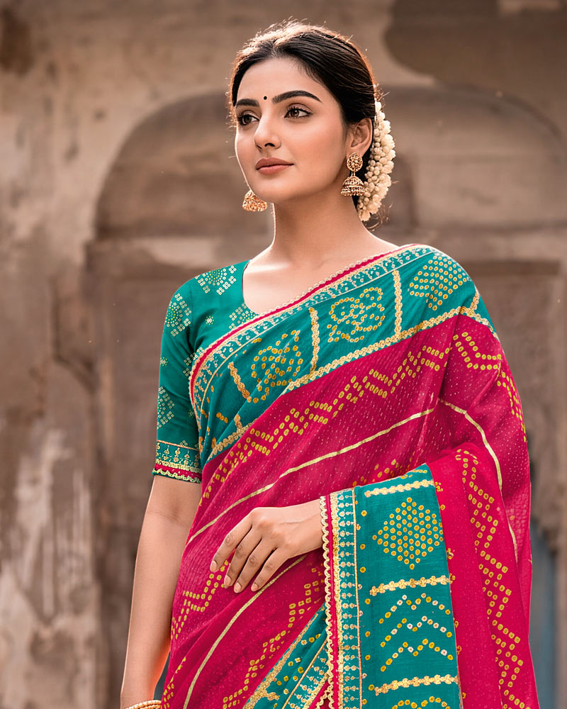 Vishal Prints Pine Green And Burnt Pink Printed Chiffon Traditional Print Saree With Foil Print And Fancy Gota Patti Border