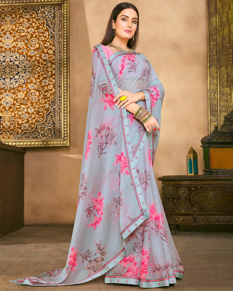 Vishal Prints Cool Grey Fancy Chiffon Digital Print Saree With Border