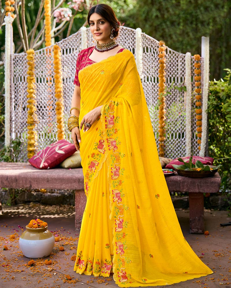Vishal Prints Golden Yellow Designer Fancy Chiffon Saree With Embroidery-Diamond Work And Cut Work Border
