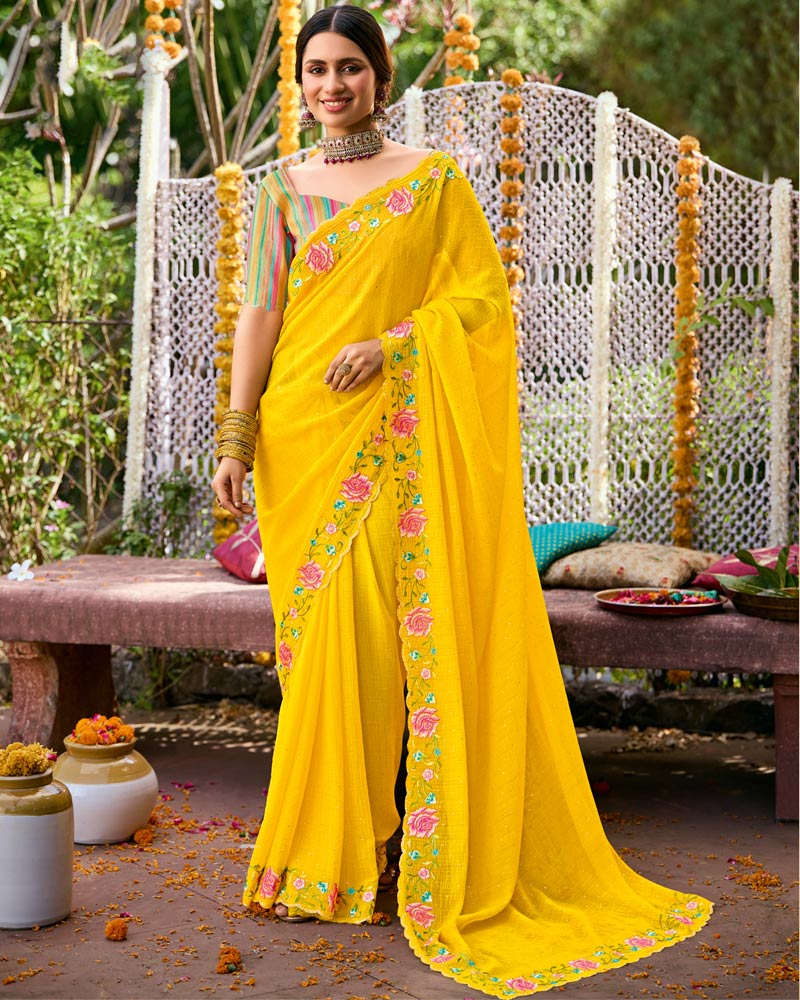 Vishal Prints Golden Yellow Designer Fancy Chiffon Saree With Embroidery-Diamond Work And Cut Work Border