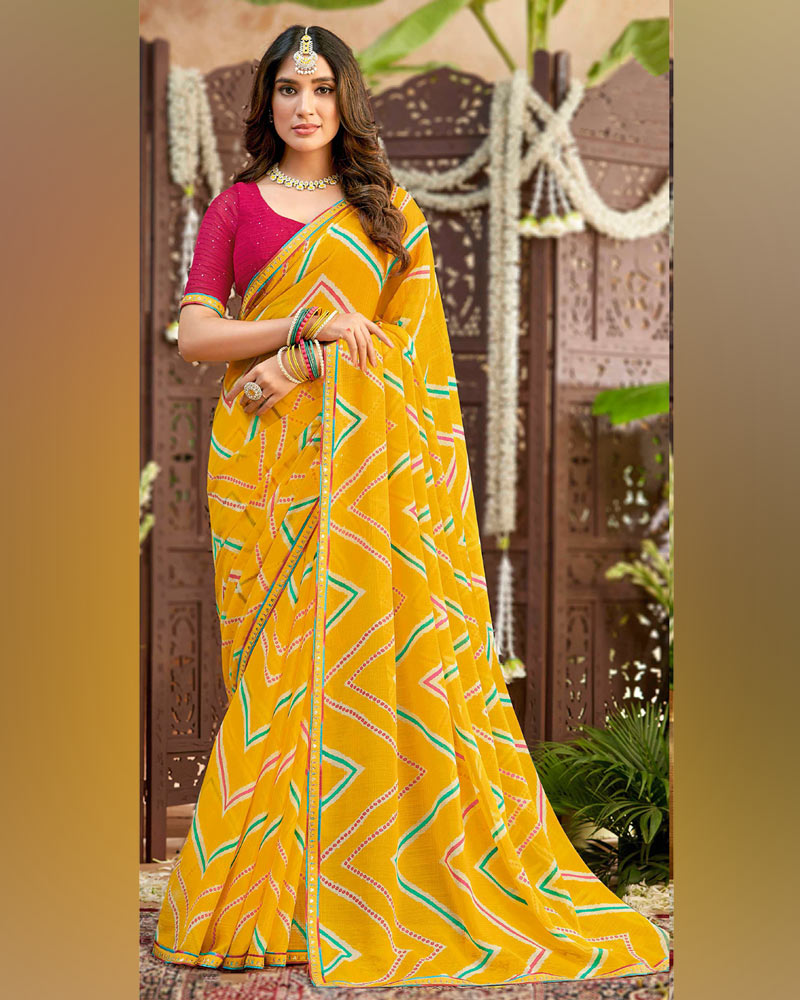 Vishal Prints Dark Yellow Printed Chiffon Traditional Print Saree With Fancy Border