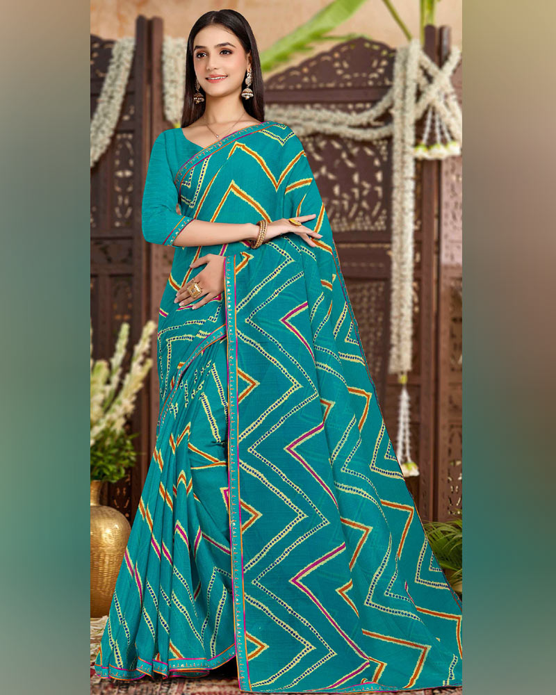 Vishal Prints Teal Blue Printed Chiffon Traditional Print Saree With Fancy Border