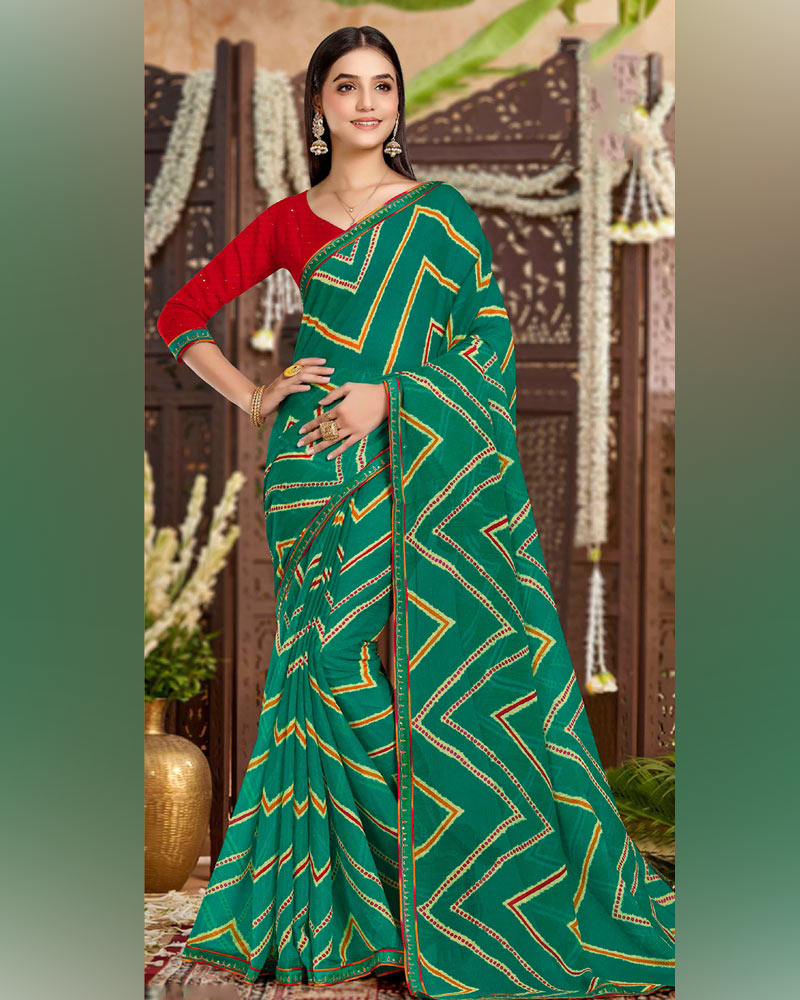 Vishal Prints Dark Forest Green Printed Chiffon Traditional Print Saree With Fancy Border