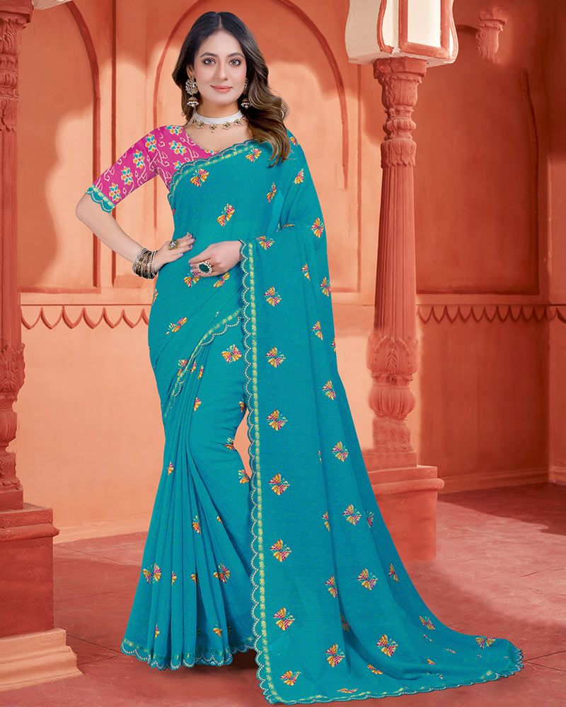 Vishal Prints Teal Blue Printed Fancy Chiffon Bandhani Print Saree With Cut Work Diamond Border