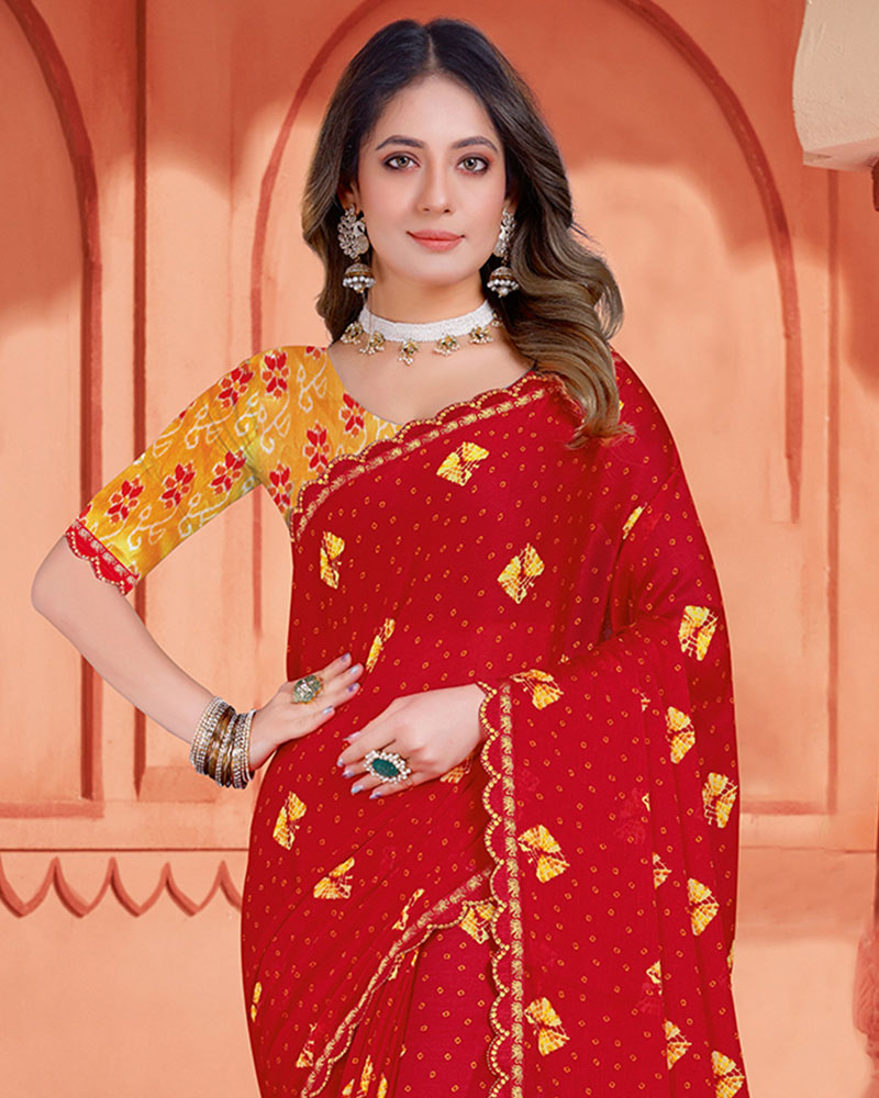 Vishal Prints Milano Red Printed Fancy Chiffon Bandhani Print Saree With Cut Work Diamond Border