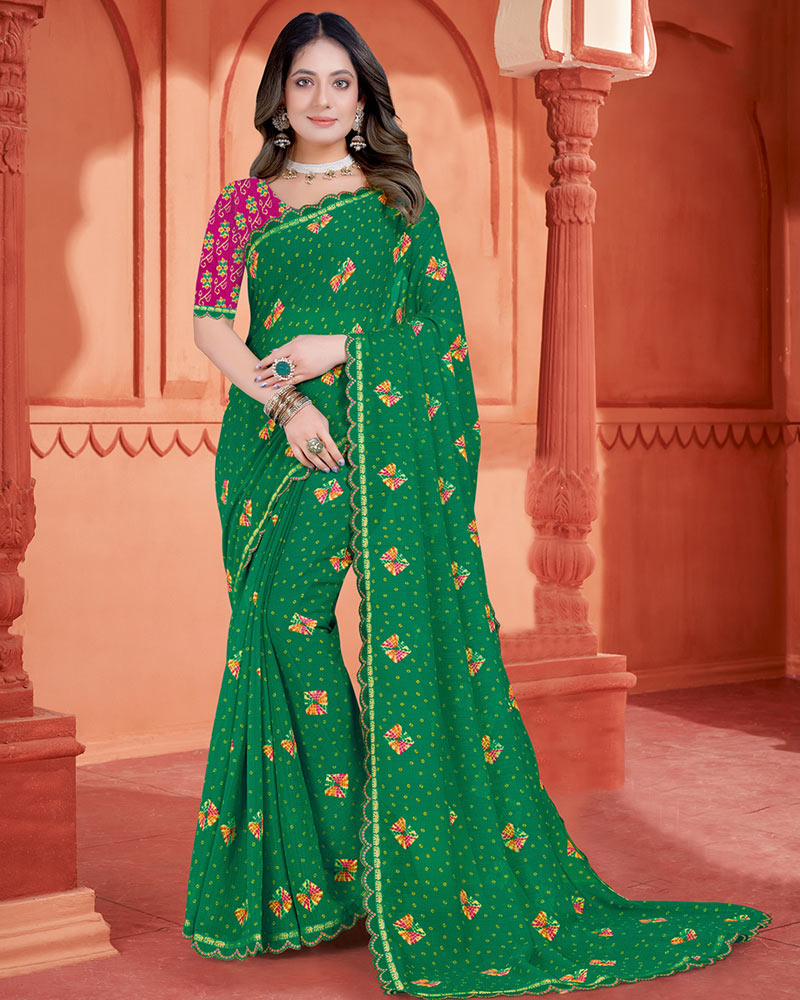 Vishal Prints Dark Spring Green Printed Fancy Chiffon Bandhani Print Saree With Cut Work Diamond Border