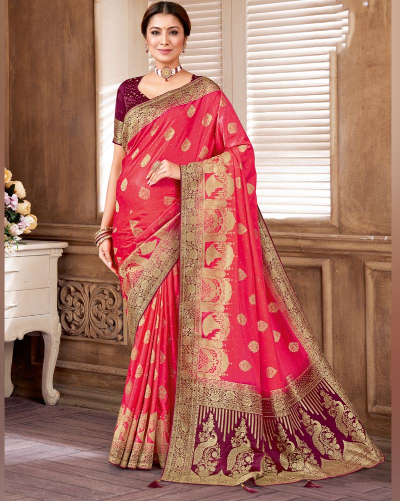 Vishal Prints Pastel Red Designer Art Silk Saree With Zari Weaving And Diamond Work With Tassel