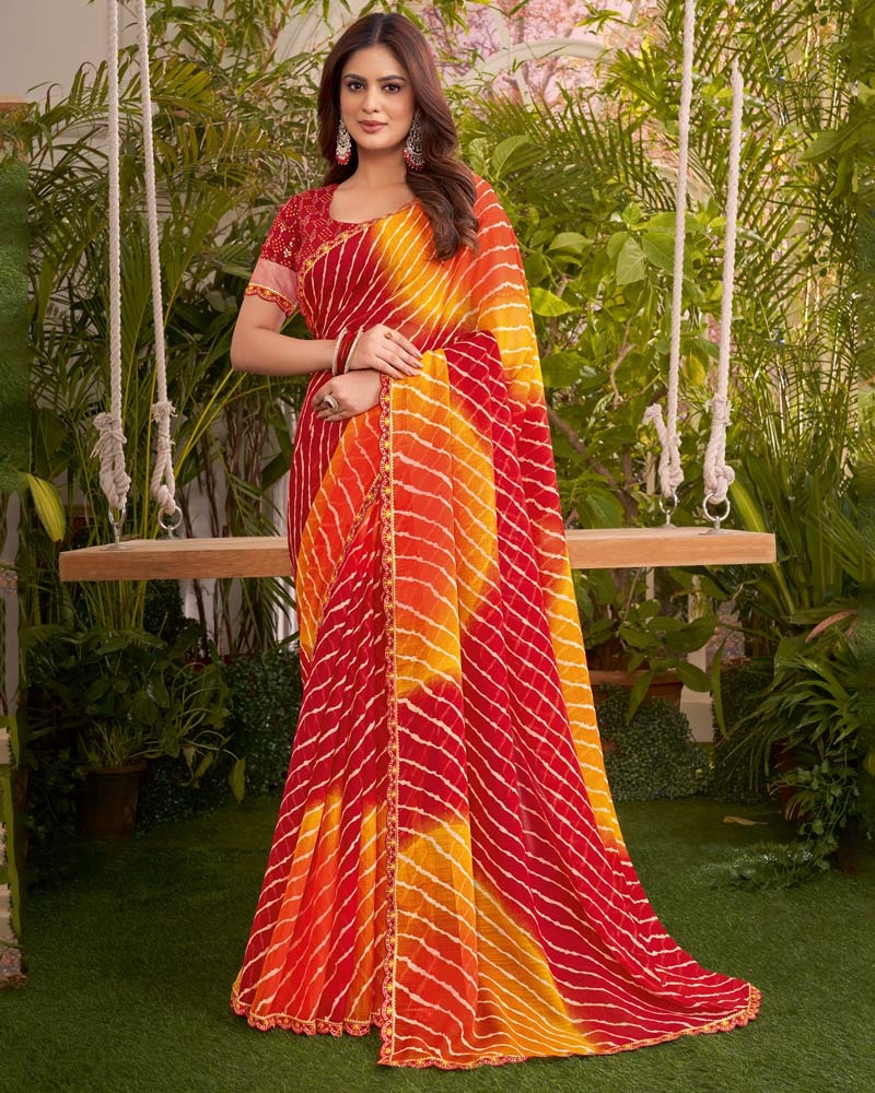 Vishal Prints Multicolored Printed Fancy Chiffon Traditional Print Saree With Cut Work Border