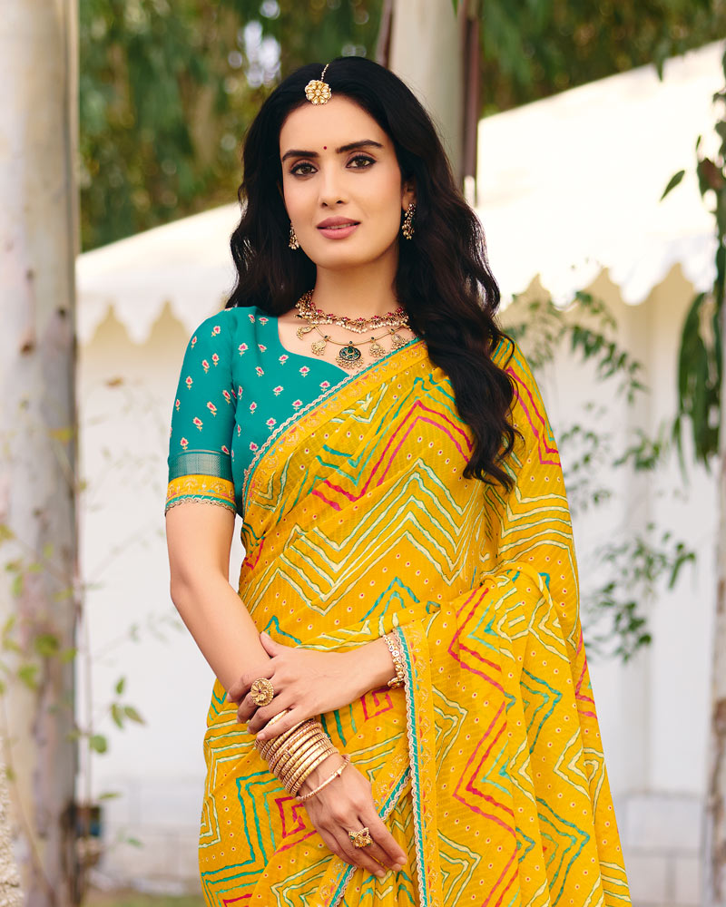 Vishal Prints Bright Yellow Traditional Printed Fancy Chiffon Saree With Foil Print And Embroidery Border