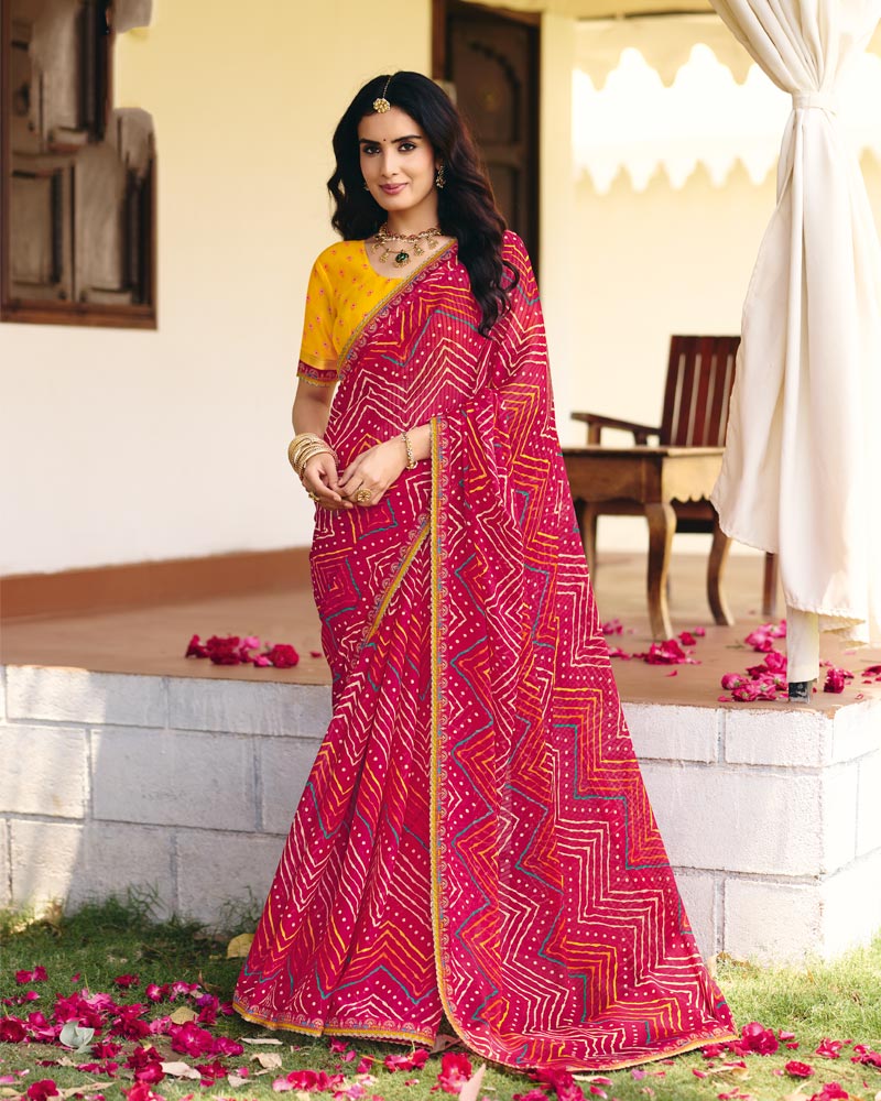 Vishal Prints Rani Pink Traditional Printed Fancy Chiffon Saree With Foil Print And Embroidery Border
