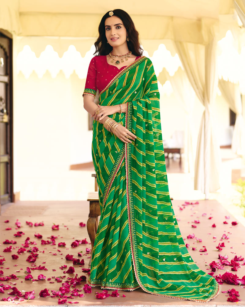 Vishal Prints Green Traditional Printed Fancy Chiffon Saree With Foil Print And Embroidery Border