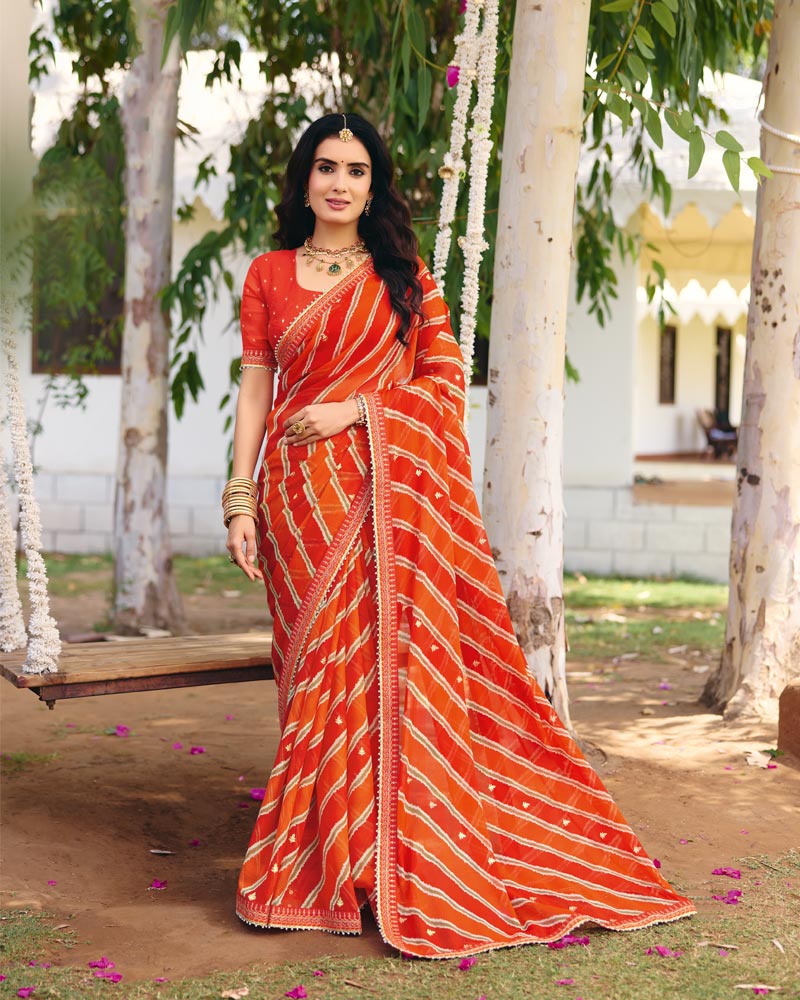 Vishal Prints Bright Orange Traditional Printed Fancy Chiffon Saree With Foil Print And Embroidery Border