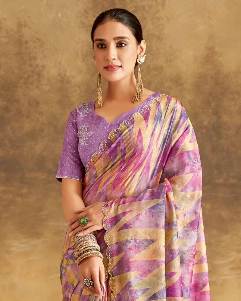 Vishal Prints Orange Purple Designer Silk Brasso Digital Print Saree With Cut Work Diamond Border