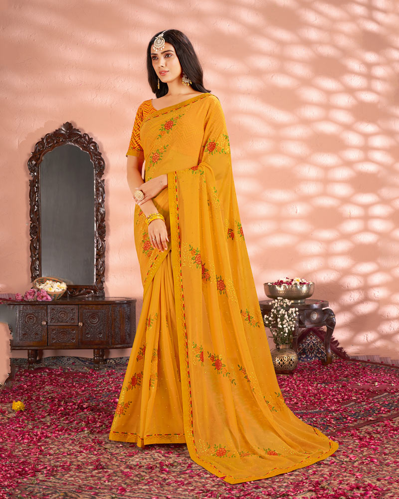 Vishal Prints Mustard Designer Chiffon Saree With Embroidery And Diamond Work
