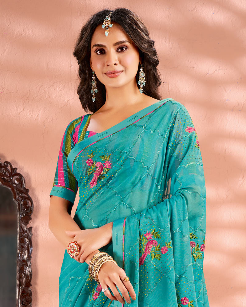 Vishal Prints Pastel Teal Green Designer Chiffon Saree With Embroidery And Diamond Work