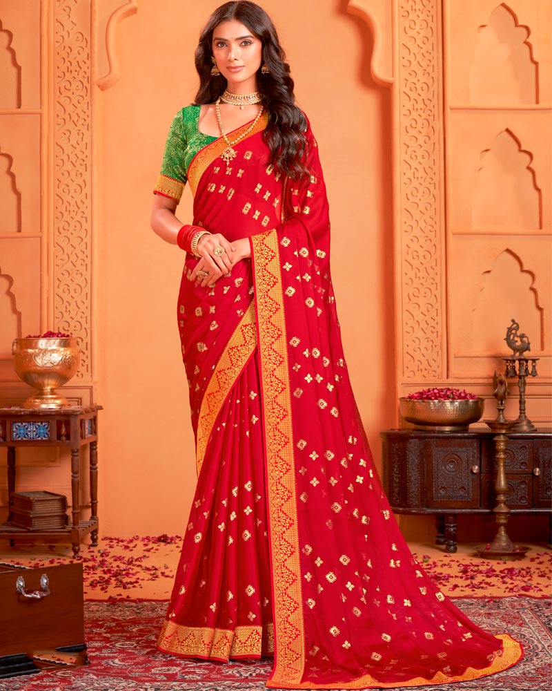 Vishal Prints Lipstick Red Designer Chiffon Saree With Foil Print And Zari Border