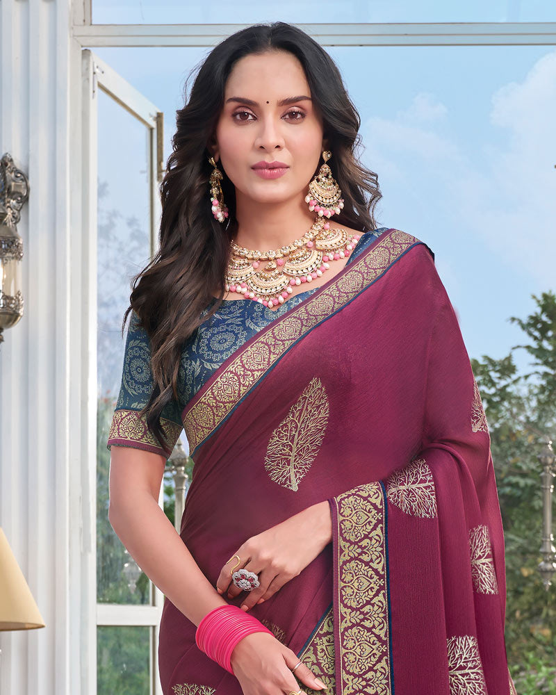 Vishal Prints Wine Chiffon Saree With Foil Print And Zari Border