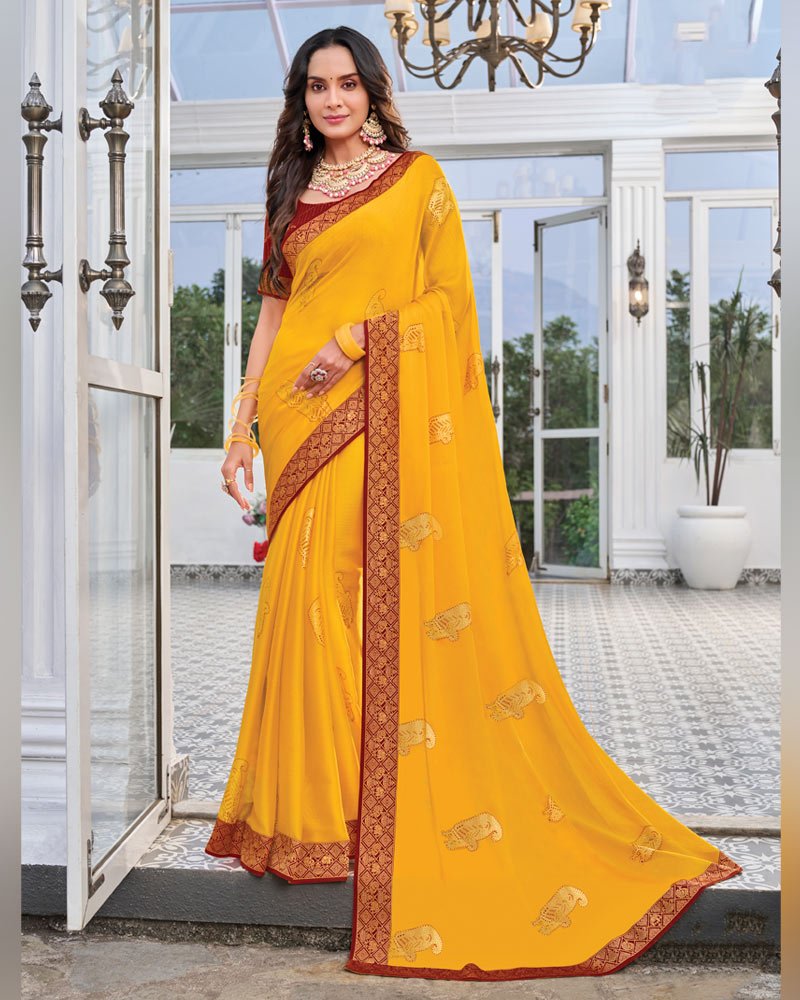 Vishal Prints Yellowish Orange Chiffon Saree With Foil Print And Zari Border