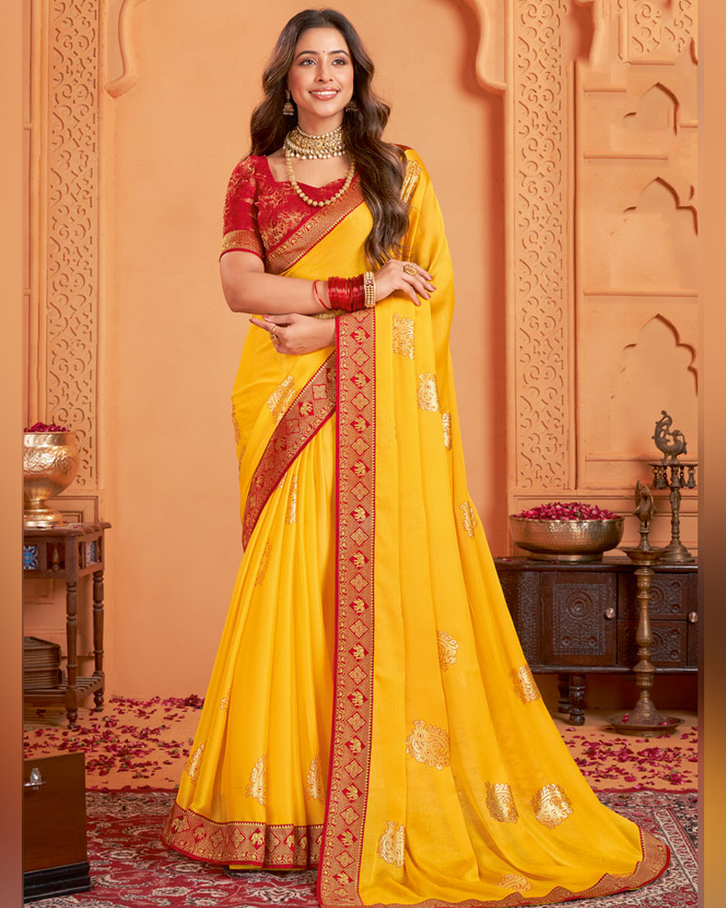 Vishal Prints Golden Yellow Designer Chiffon Saree With Foil Print And Zari Border
