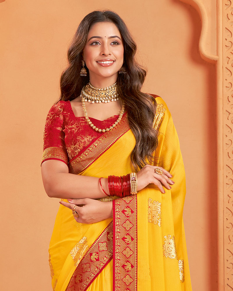 Vishal Prints Golden Yellow Designer Chiffon Saree With Foil Print And Zari Border