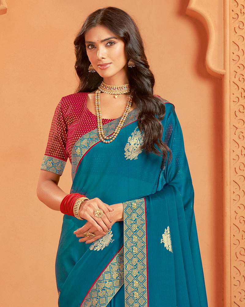Vishal Prints Peacock Blue Designer Chiffon Saree With Foil Print And Zari Border