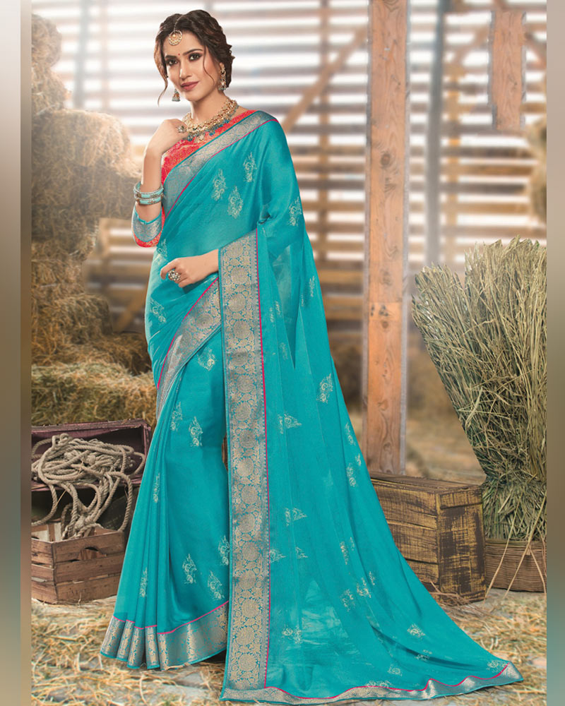 Vishal Prints Eastern Blue Designer Chiffon Saree With Foil Print And Zari Border