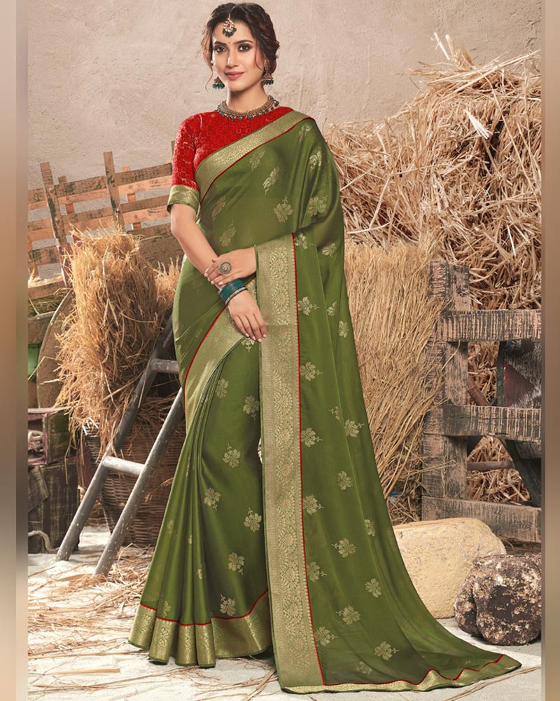 Vishal Prints Dusty Mehandi Green Designer Chiffon Saree With Foil Print And Zari Border