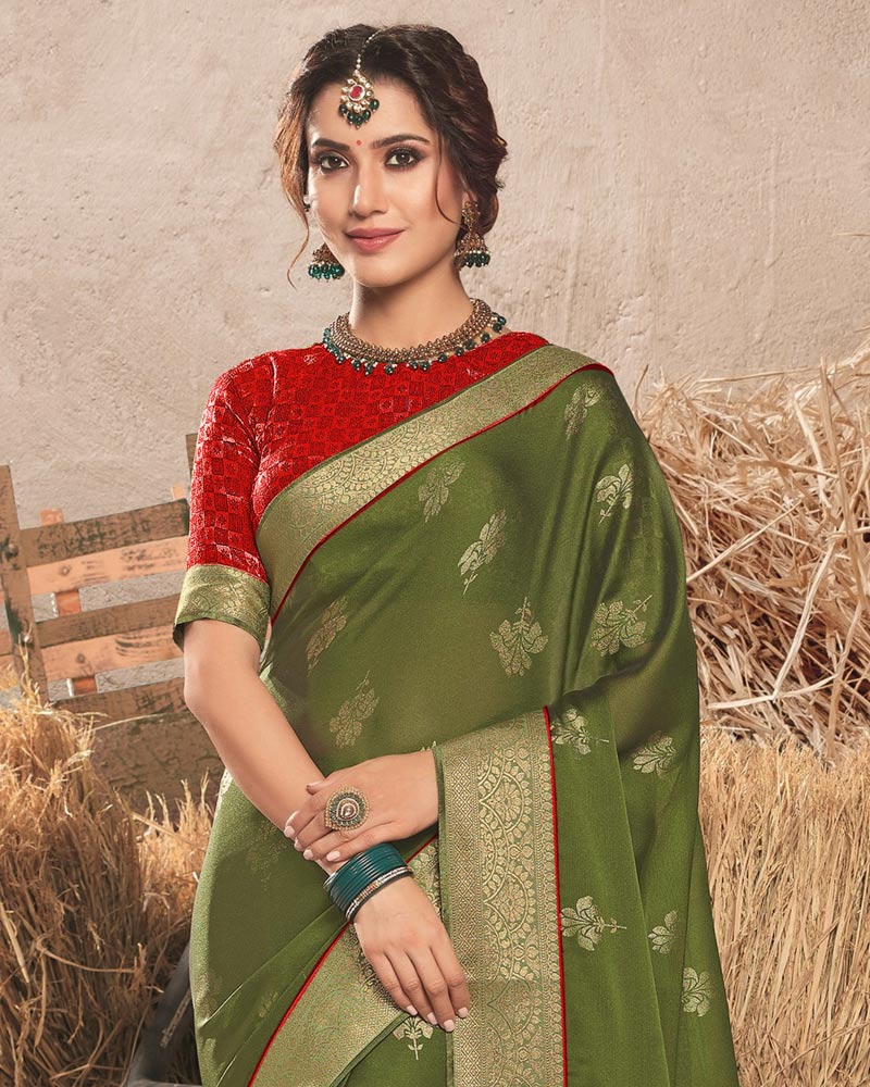 Vishal Prints Dusty Mehandi Green Designer Chiffon Saree With Foil Print And Zari Border