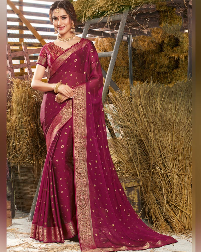 Vishal Prints Red Purple Designer Chiffon Saree With Foil Print And Zari Border