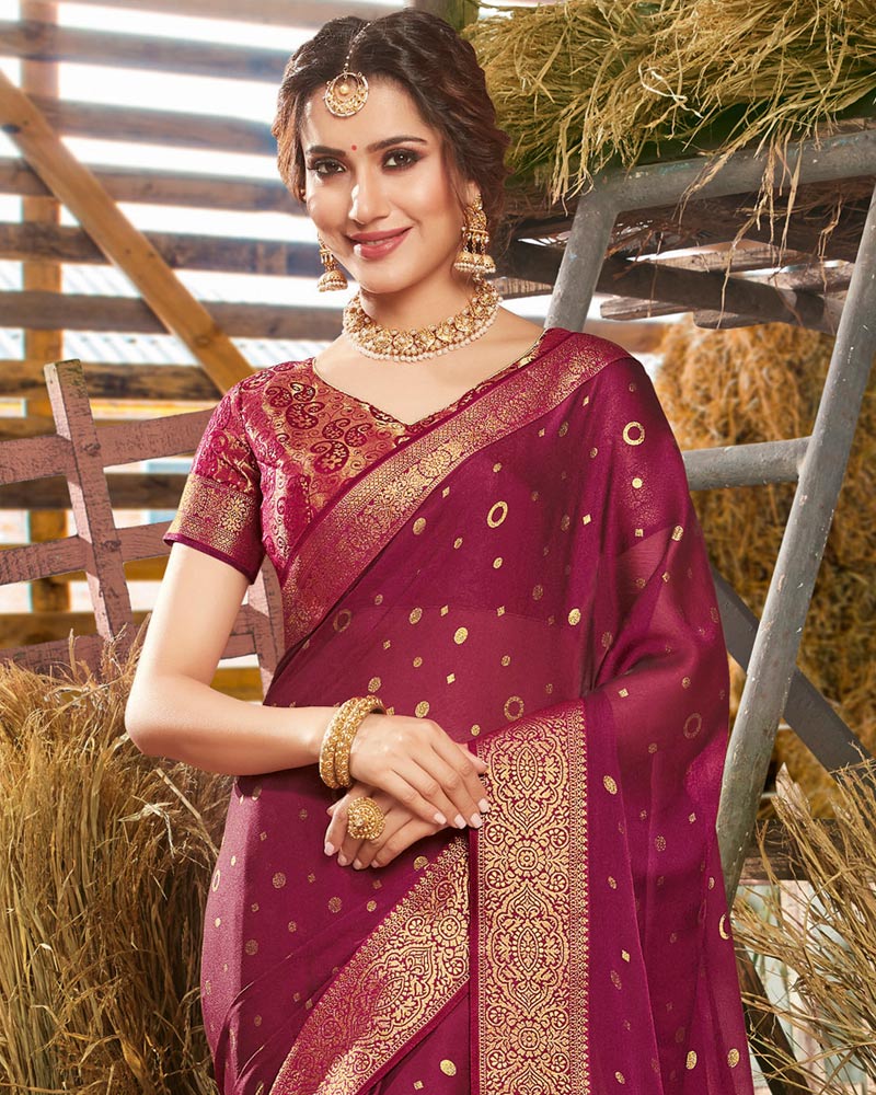 Vishal Prints Red Purple Designer Chiffon Saree With Foil Print And Zari Border