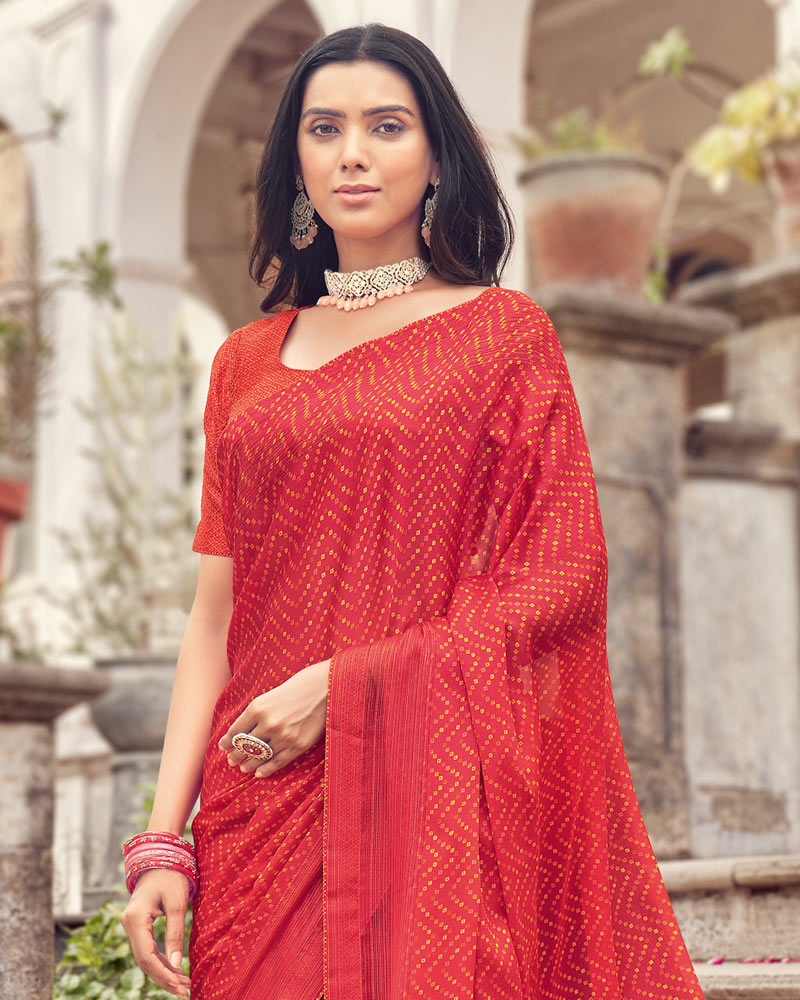 Vishal Prints Dark Red Printed Fancy Chiffon Saree With Core Piping