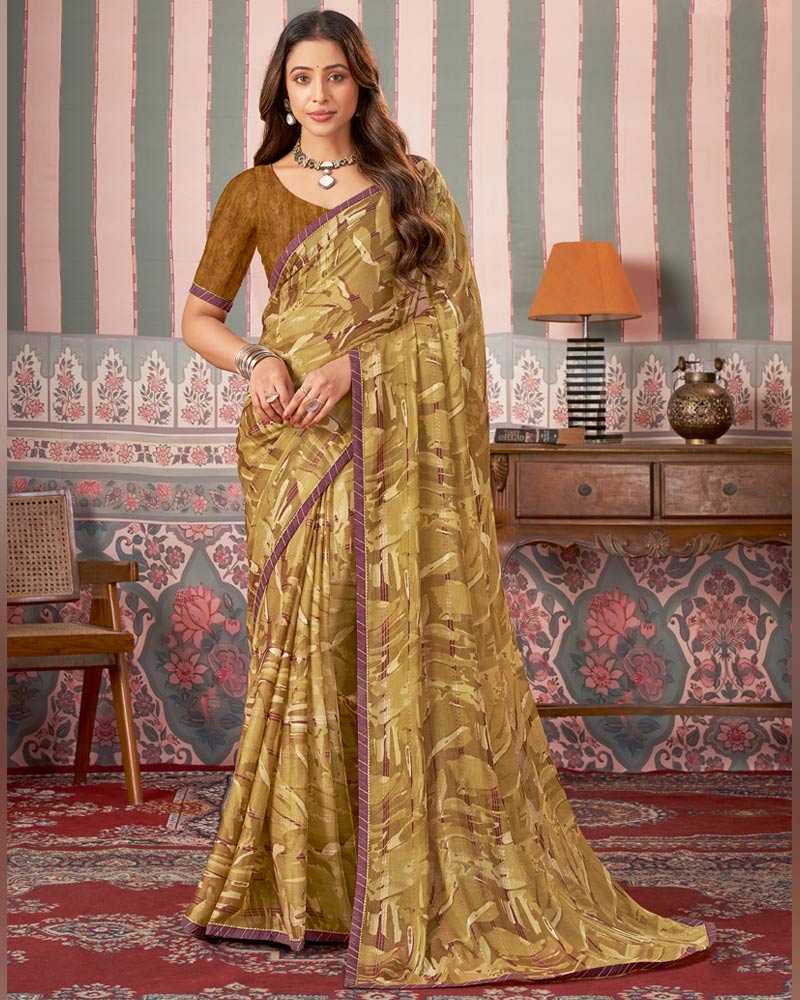 Vishal Prints Olive Gold Printed Patterned Brasso Digital Print Saree With Fancy Border