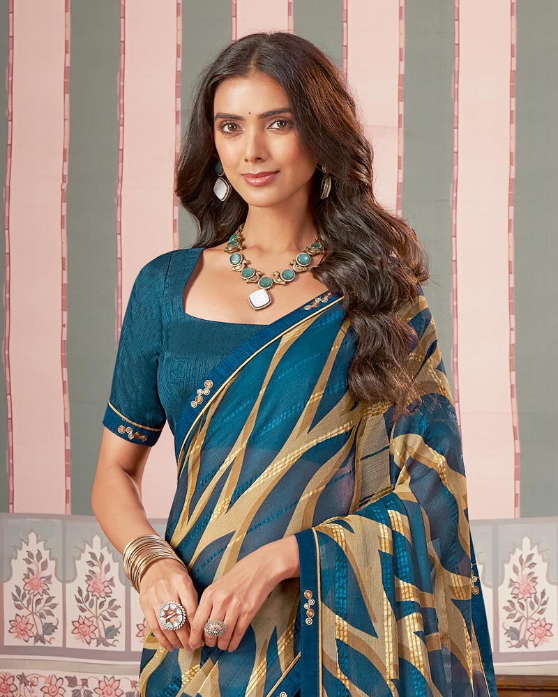 Vishal Prints Peacock Teal Printed Patterned Brasso Digital Print Saree With Fancy Border