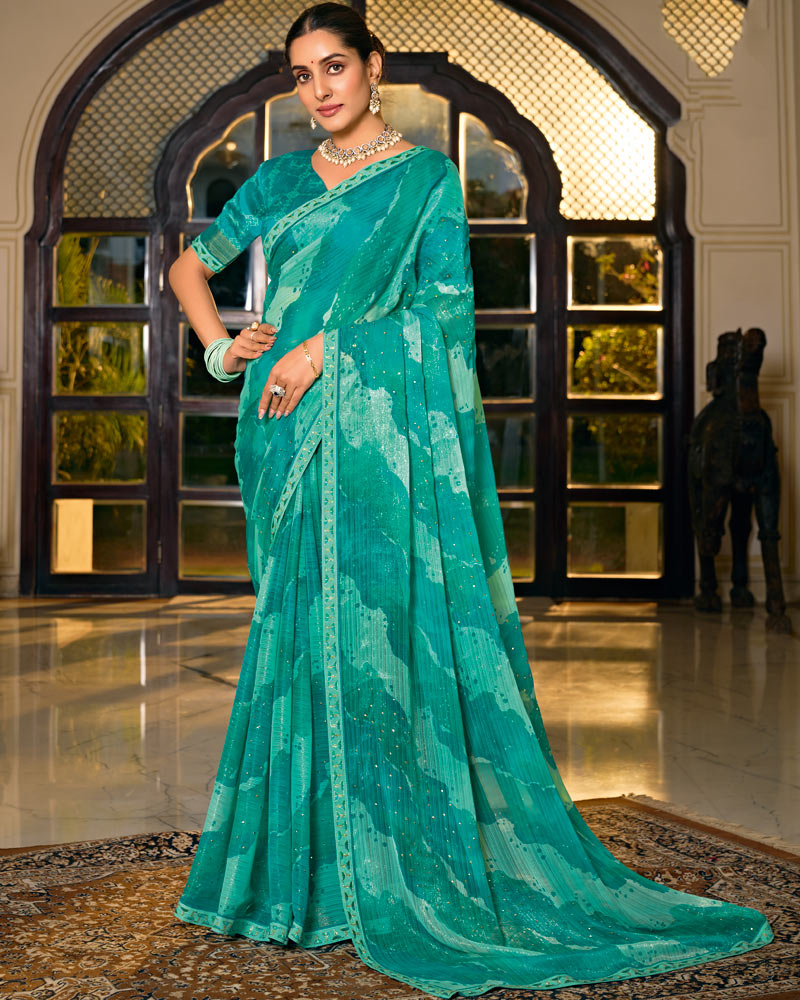 Vishal Prints Persian Green Designer Shimmer-Chiffon Saree With Diamond Work And Fancy Embroidery Border