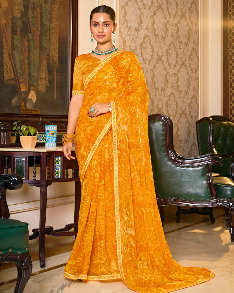 Vishal Prints Yellowish Orange Designer Shimmer-Chiffon Saree With Tikli Work And Fancy Embroidery Border