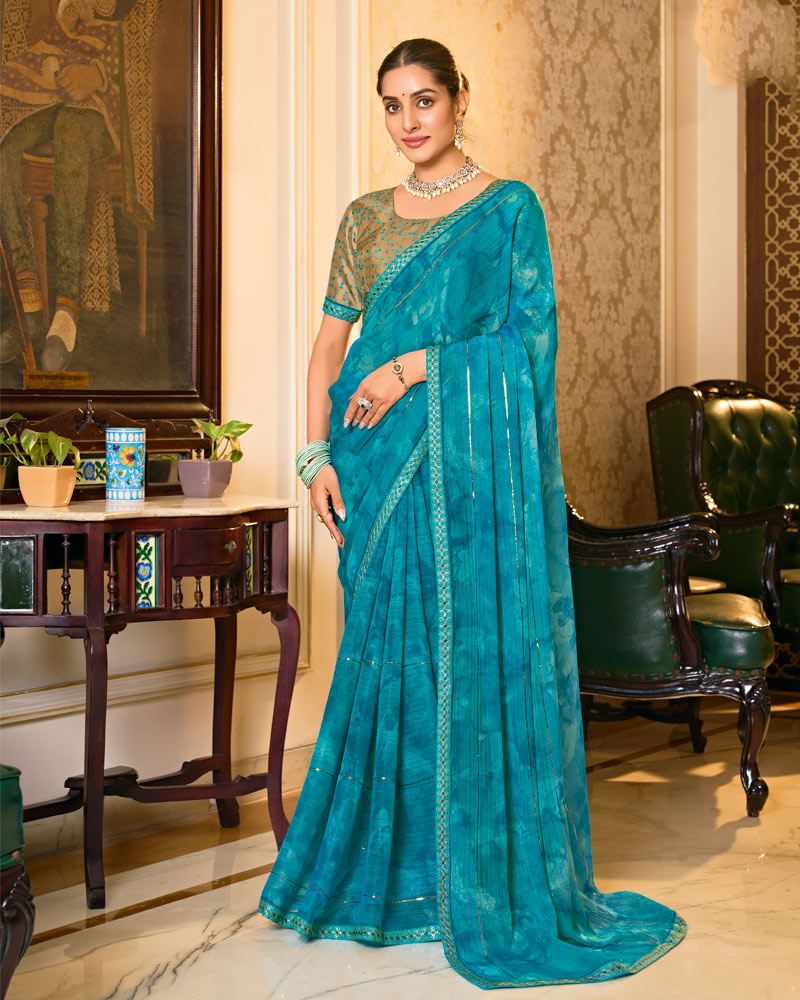 Vishal Prints Ocean Blue Designer Shimmer-Chiffon Saree With Tikli Work And Fancy Embroidery Border