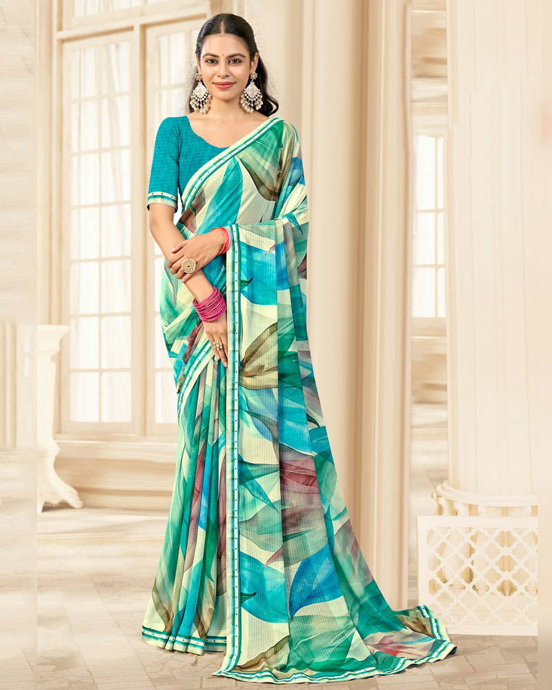 Vishal Prints Multi Green Printed Chiffon Saree With Fancy Border