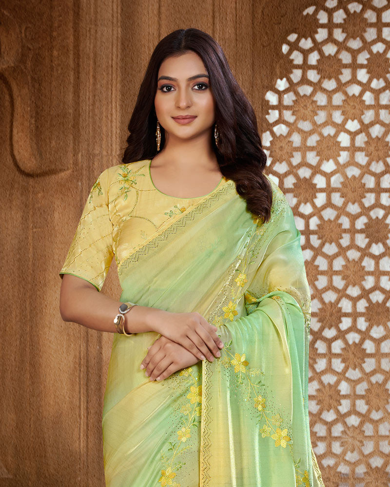 Vishal Prints Straw Yellow Designer Organza Saree With Embroidery Diamond Work And Core Piping