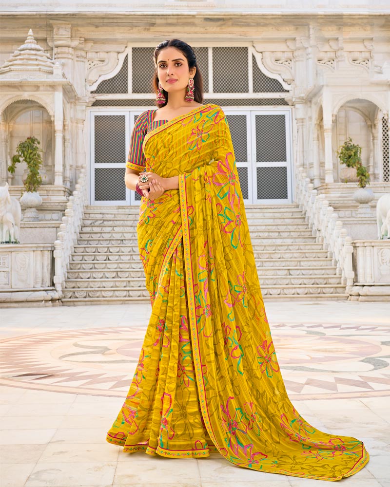 Vishal Prints Burnt Yellow Printed Chiffon Saree With Fancy Border
