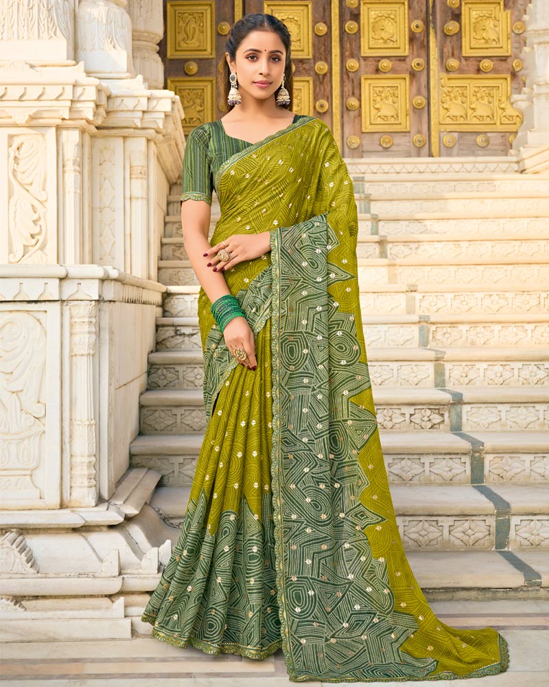 Vishal Prints Dark Olive Yellow Printed Chiffon Saree With Foil Print And Fancy Border