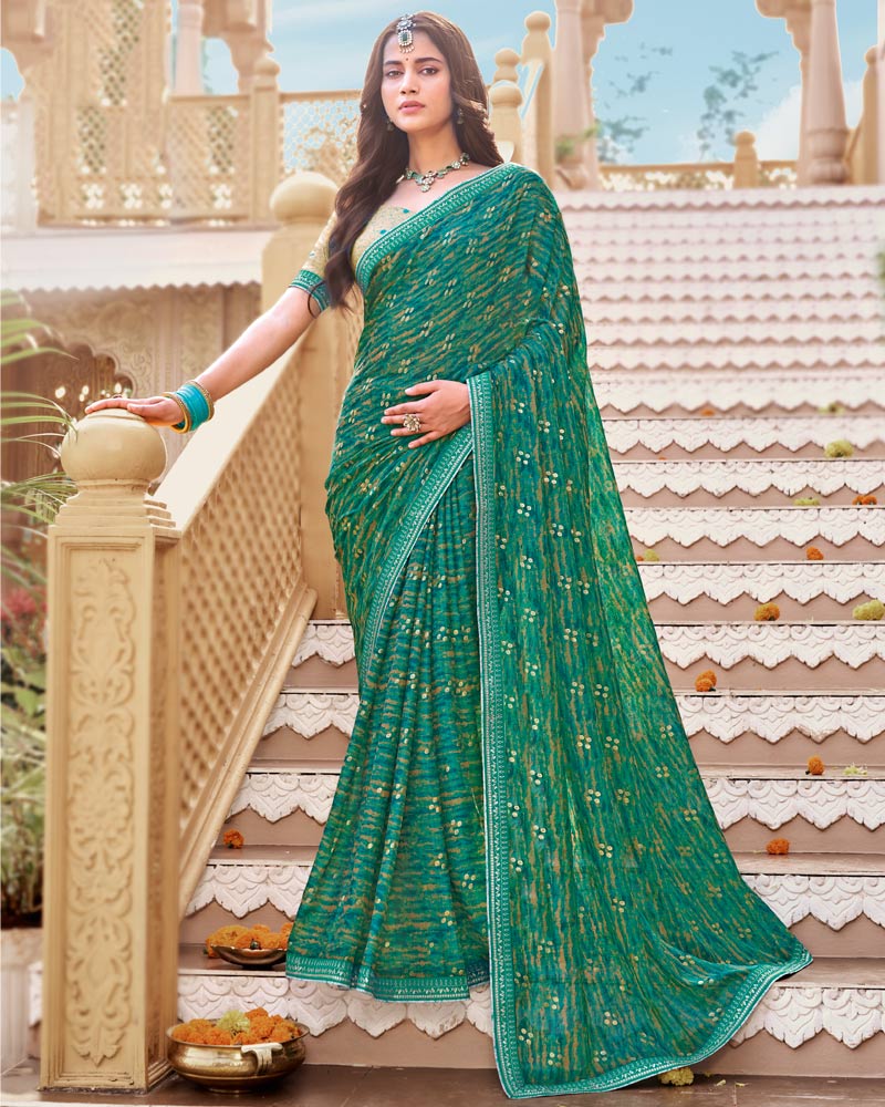 Vishal Prints Dark Tropical Green Printed Chiffon Saree With Foil Print And Fancy Border
