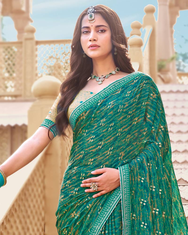 Vishal Prints Dark Tropical Green Printed Chiffon Saree With Foil Print And Fancy Border