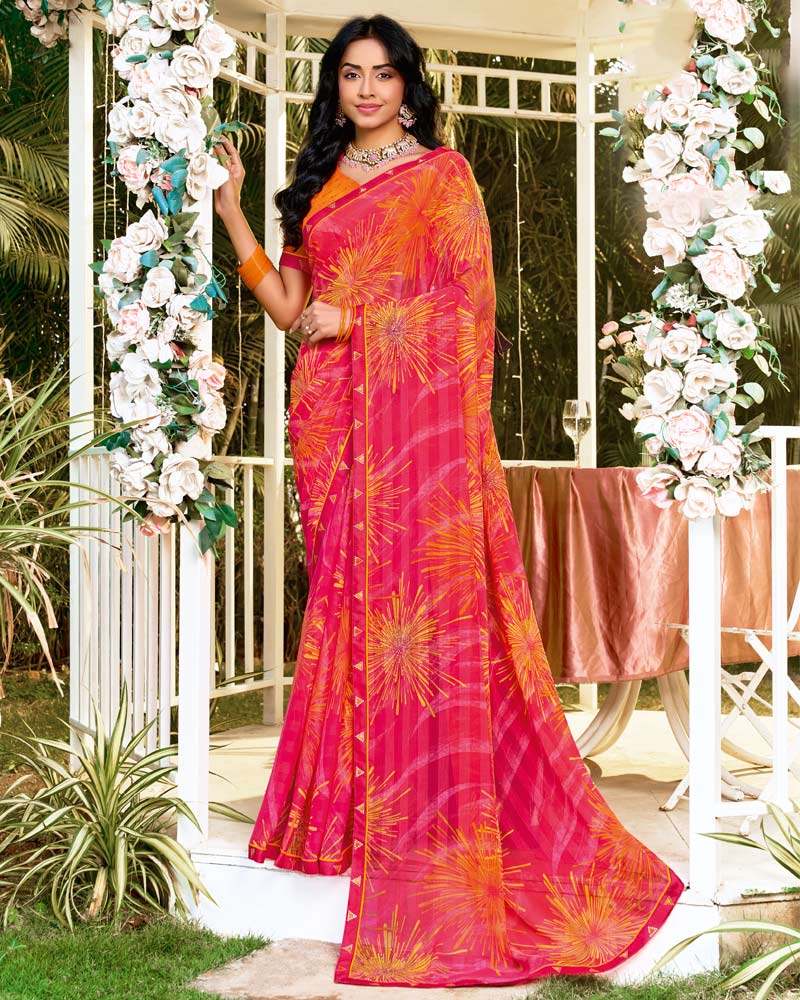 Vishal Prints Red Pink Printed Chiffon Saree With Foil Print And Fancy Border