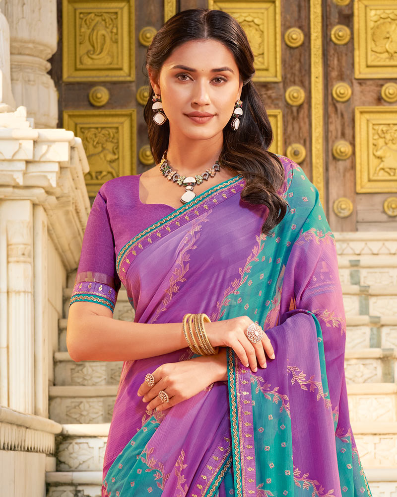 Vishal Prints Lavender Purple And Sea Green Printed Chiffon Saree With Foil Print And Fancy Border